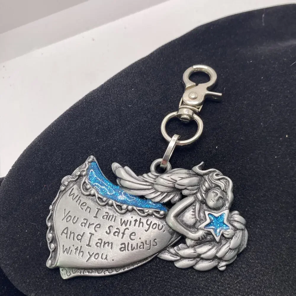 Womens Blue Silver Angel Faith Keychain Vintage